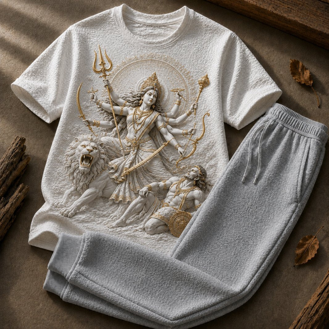 Goddess Durga Warrior Queen White T-Shirt with Light Grey Trackpant Combo