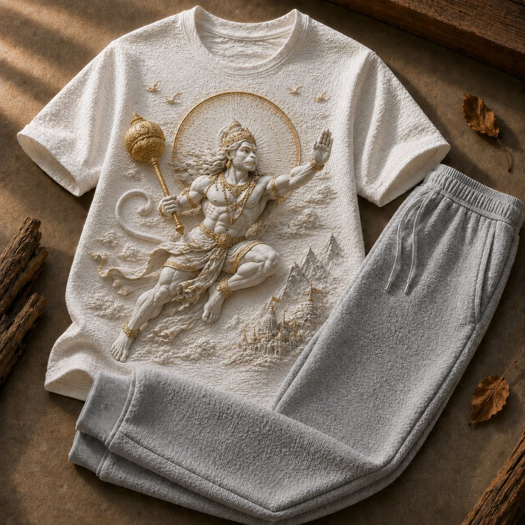 Lord Hanuman Supreme Strength White T-Shirt with Light Grey Trackpant Combo