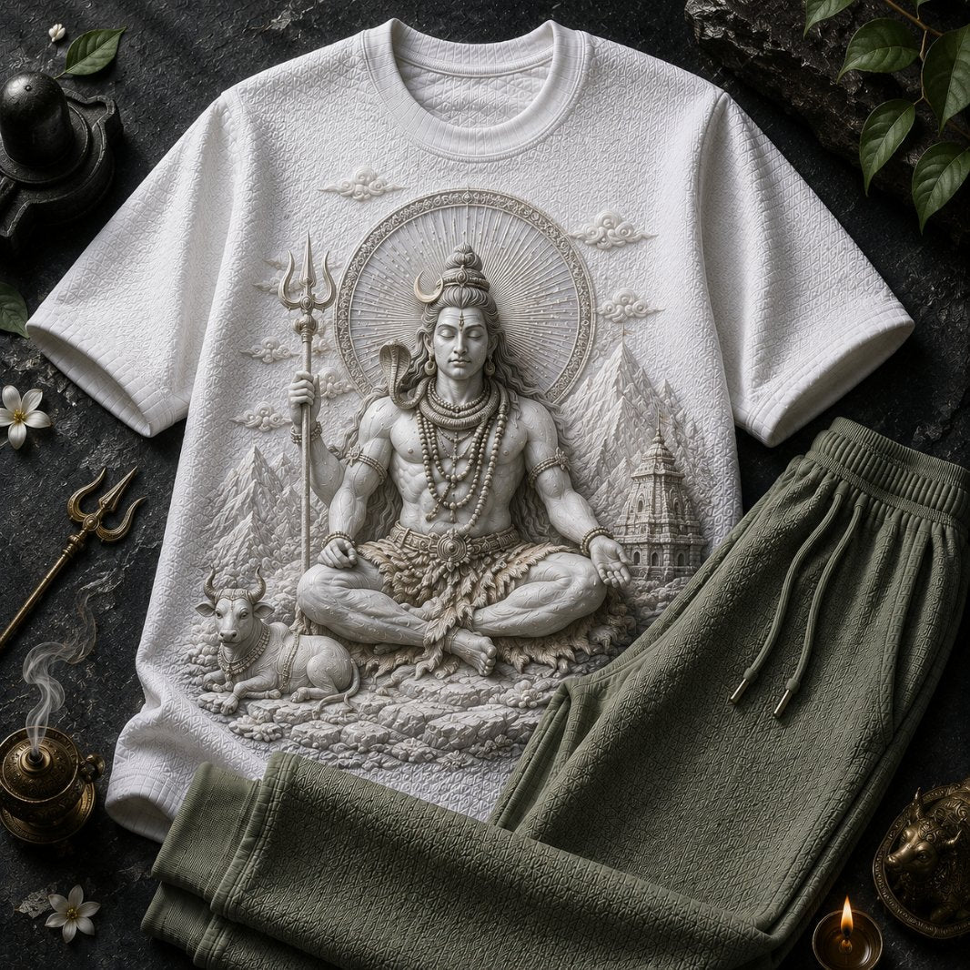 Lord Shiva Cosmic Energy White T-Shirt with Dark Green Jogger Combo