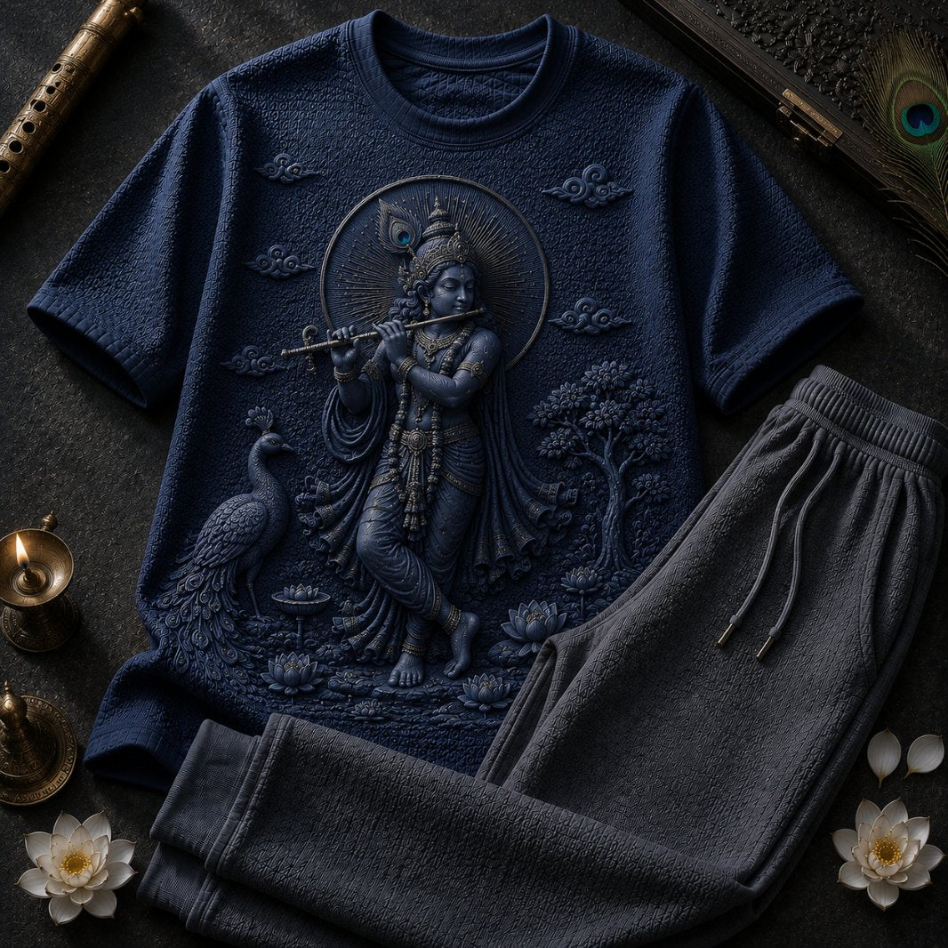 Lord Krishna Divine Flute Navy Blue T-Shirt with Grey Trackpant Combo