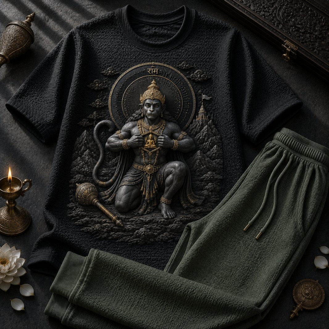 Lord Hanuman Bajrangbali Black T-Shirt with Light Bottle Green Trackpant Combo