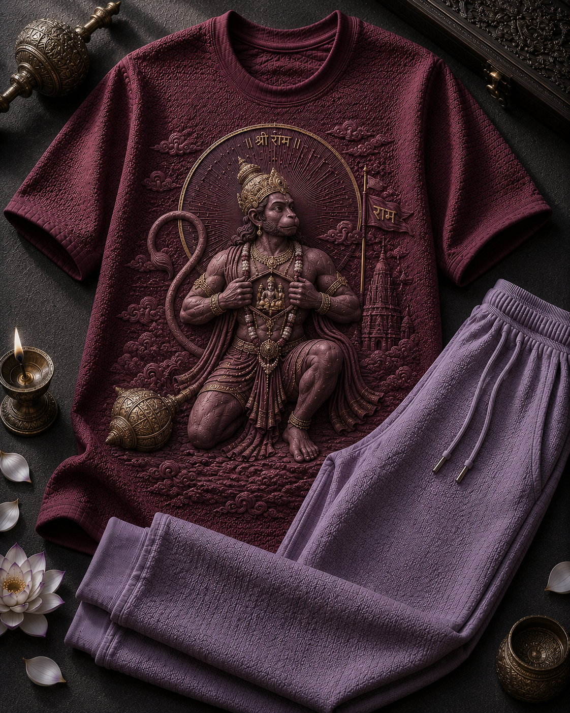 Lord Hanuman Maroon Red T-Shirt and Light Lavender Trackpant Combo