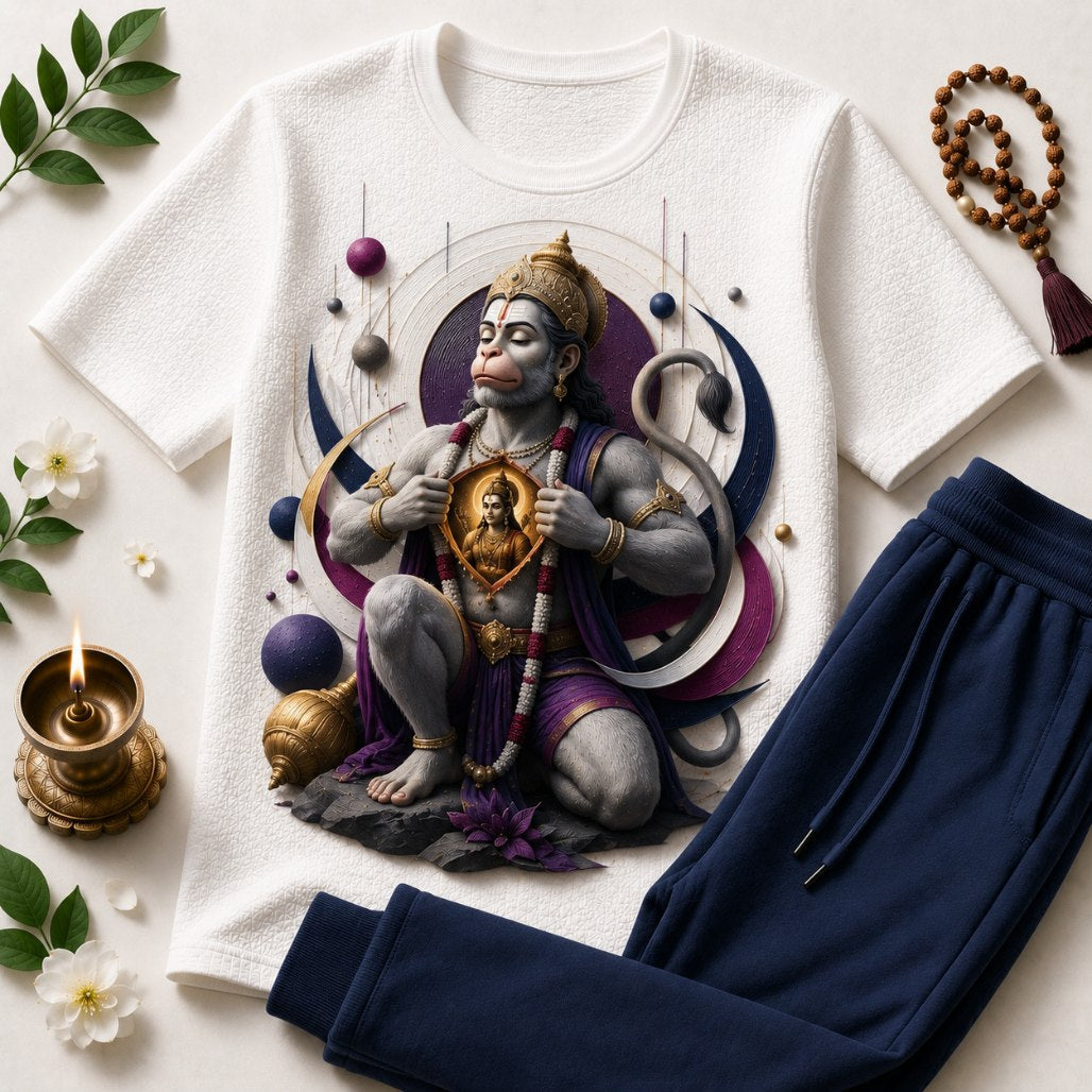 Lord Hanuman Power White T-Shirt with Navy Blue Trackpant Combo