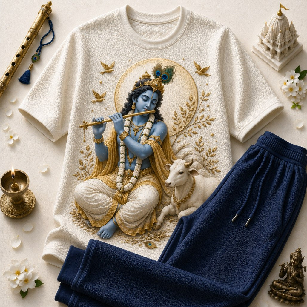 Lord Krishna Golden Flute Beige T-Shirt with Navy Blue Trackpant Combo