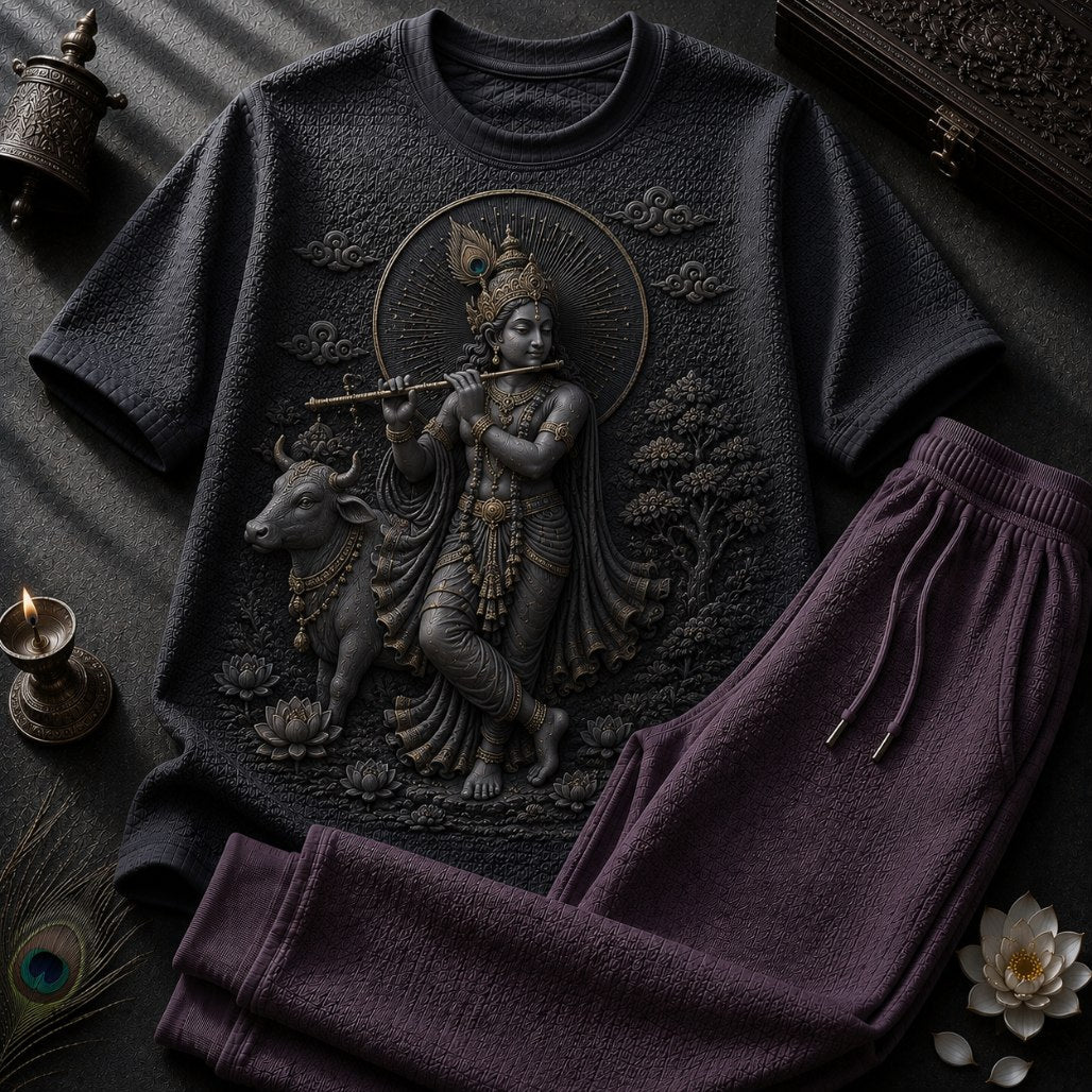 Lord Krishna Sacred Bliss Black T-Shirt with Maroon Red Trackpant Combo