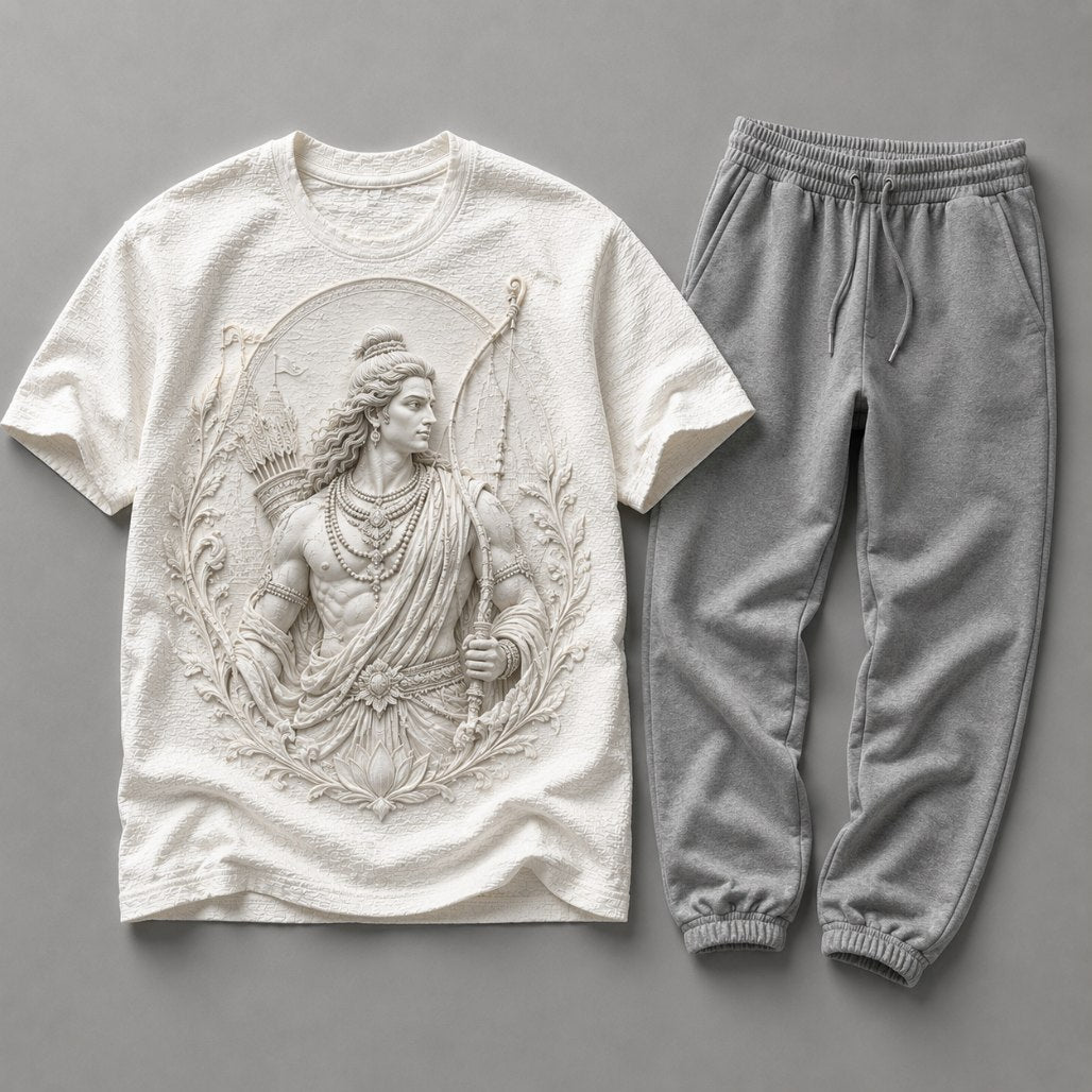 Lord Rama Divine Blessings White T-Shirt with Light Grey Trackpant Combo