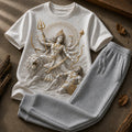 Goddess Durga Warrior Queen White T-Shirt with Light Grey Trackpant Combo