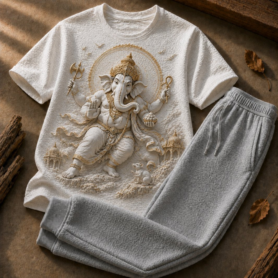 Lord Ganesha Prosperity White T-Shirt with Grey Trackpant Combo