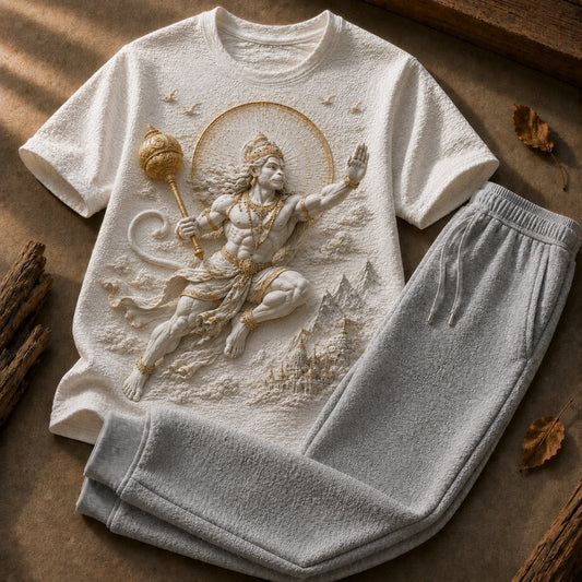 Lord Hanuman Supreme Strength White T-Shirt with Light Grey Trackpant Combo