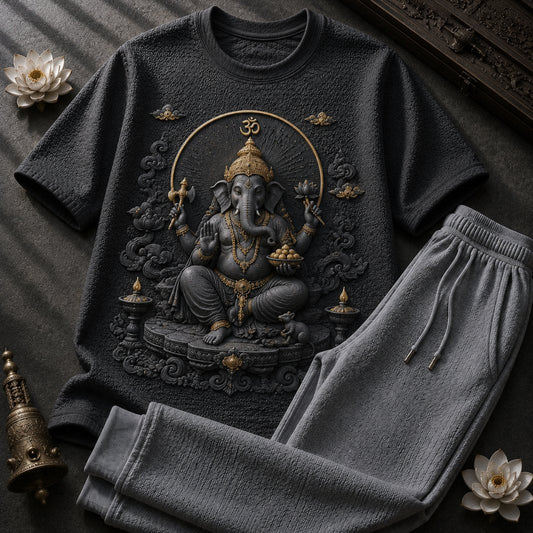 Lord Ganesha Luxury Edition Black T-Shirt with Light Grey Trackpant Combo