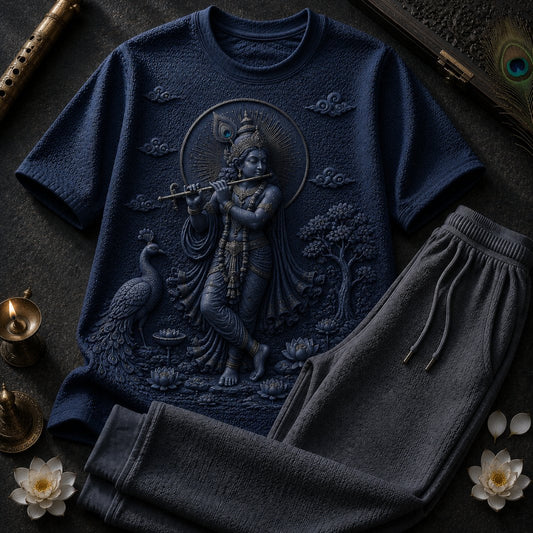 Lord Krishna Divine Flute Navy Blue T-Shirt with Grey Trackpant Combo