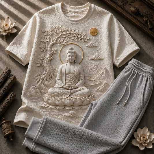 Buddha Serenity White T-Shirt with Ash Grey Trackpant Combo