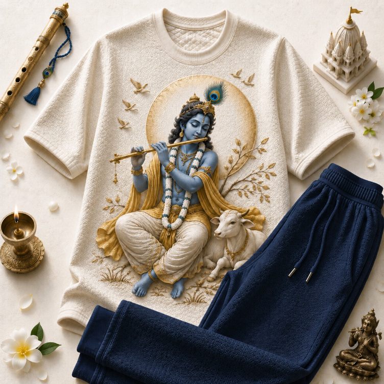 Lord Krishna Peaceful Bliss Beige T-Shirt with Navy Blue Trackpant Combo