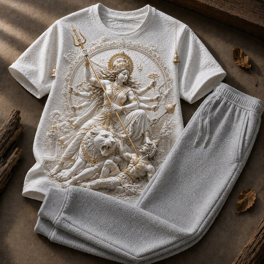 Durga Matha White T-Shirt and Light Grey Trackkpant Combo