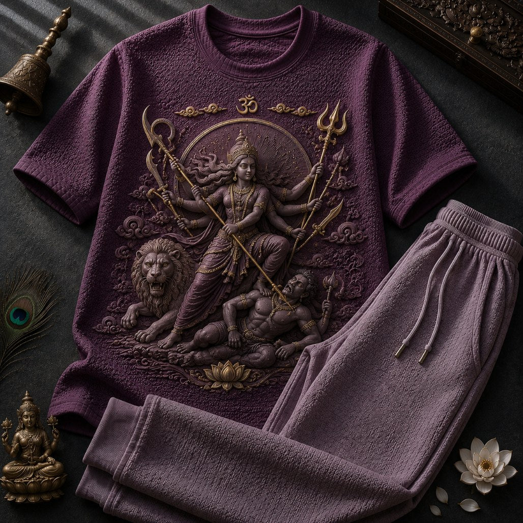 Goddess Durga Shakti Maroon Red T-Shirt with Lavender Trackpant Combo