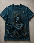 Lord Krishna Celestial Melody Teal Blue T-Shirt
