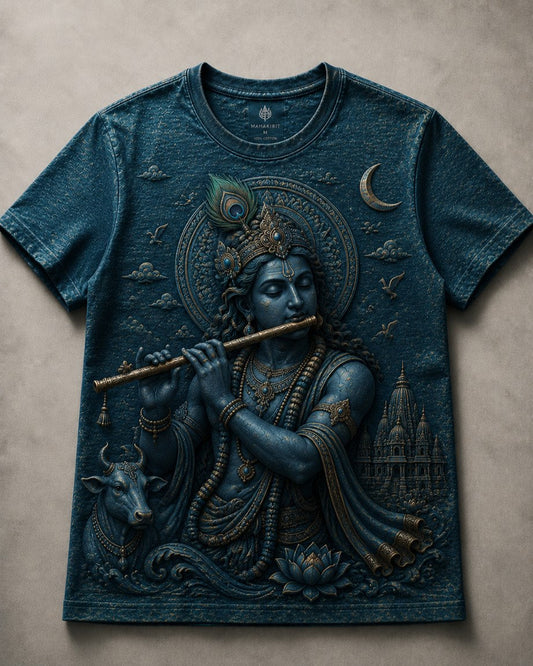 Lord Krishna Celestial Melody Teal Blue T-Shirt
