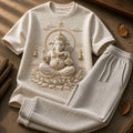 Lord Ganesha Blessings Ivory White T-Shirt with Light Grey Trackpant Combo