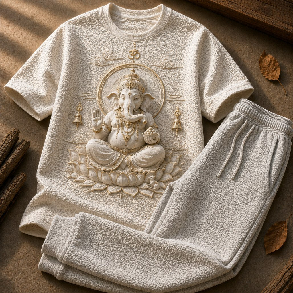 Lord Ganesha Blessings Ivory White T-Shirt with Light Grey Trackpant Combo