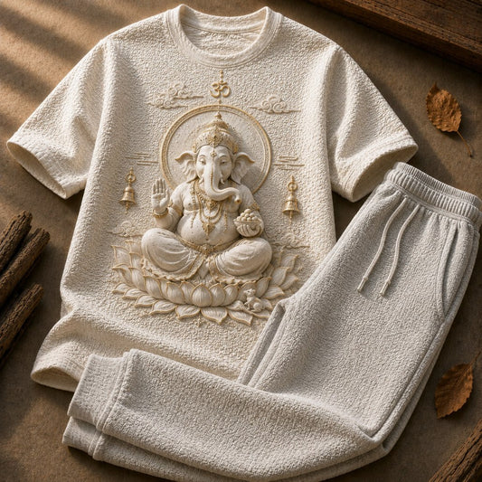 Lord Ganesha Blessings Ivory White T-Shirt with Light Grey Trackpant Combo