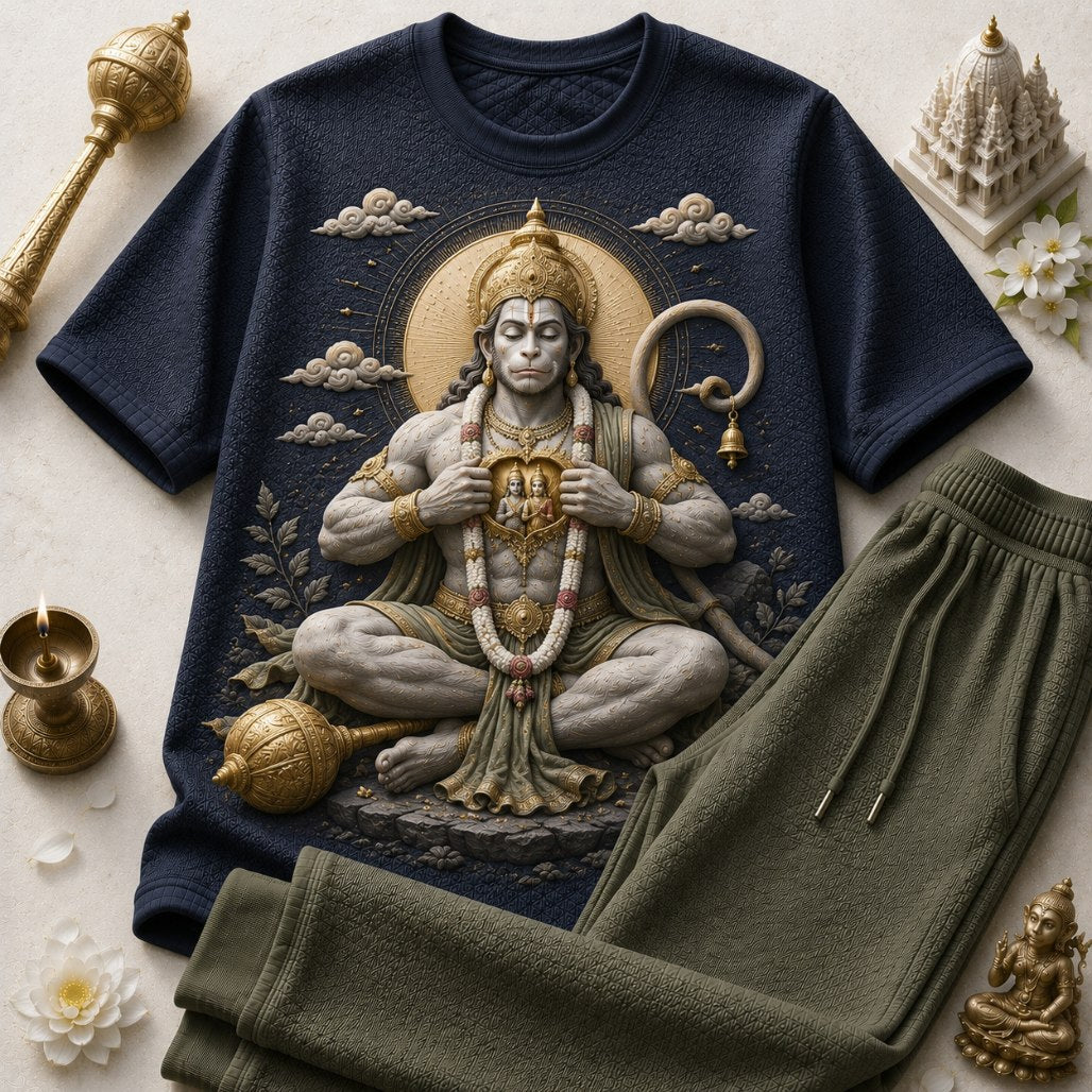Lord Hanuman Divine Strength Navy Blue T-Shirt with Olive Green Trackpant Combo