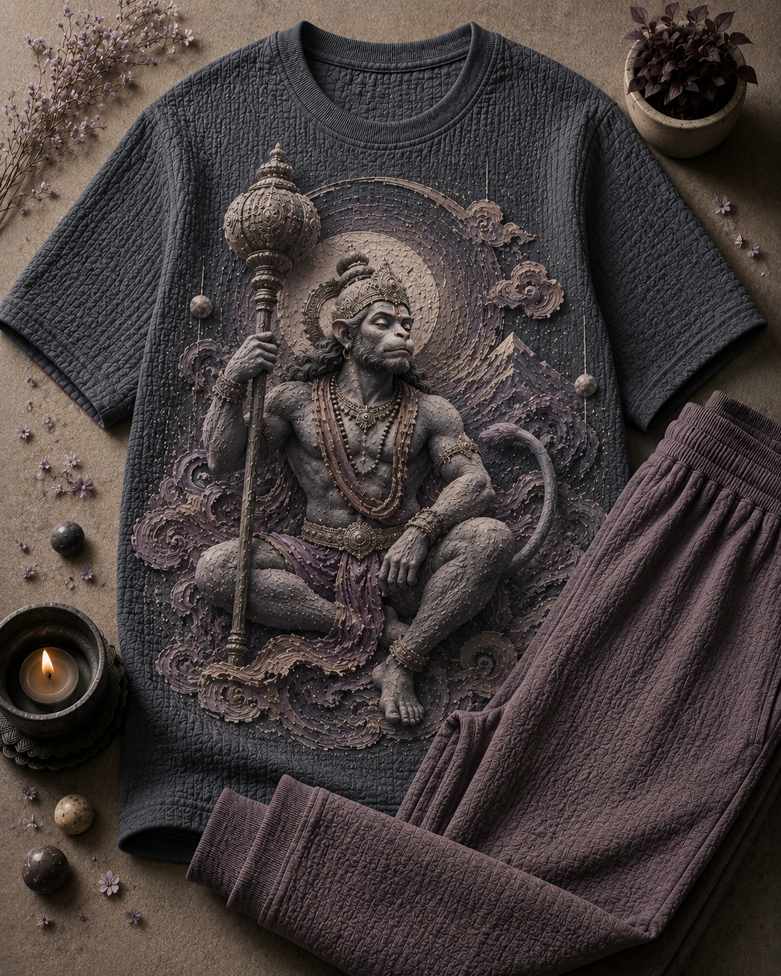 Lord Hanuman Grey T-Shirt and Light Lavender Trackpant Combo