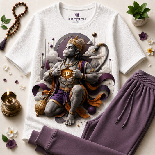 Lord Hanuman Strength White T-Shirt with Lavender Trackpant Combo