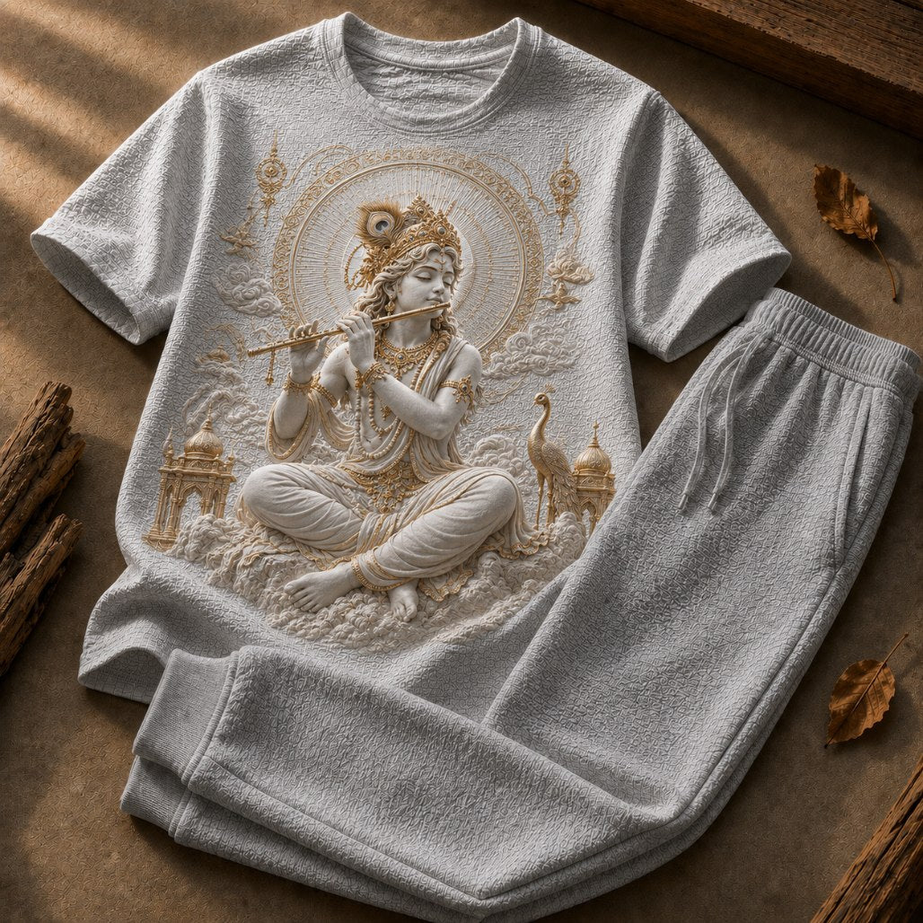 Lord Krishna Divine Flute Grey T-Shirt with Soft Grey Trackpant Combo