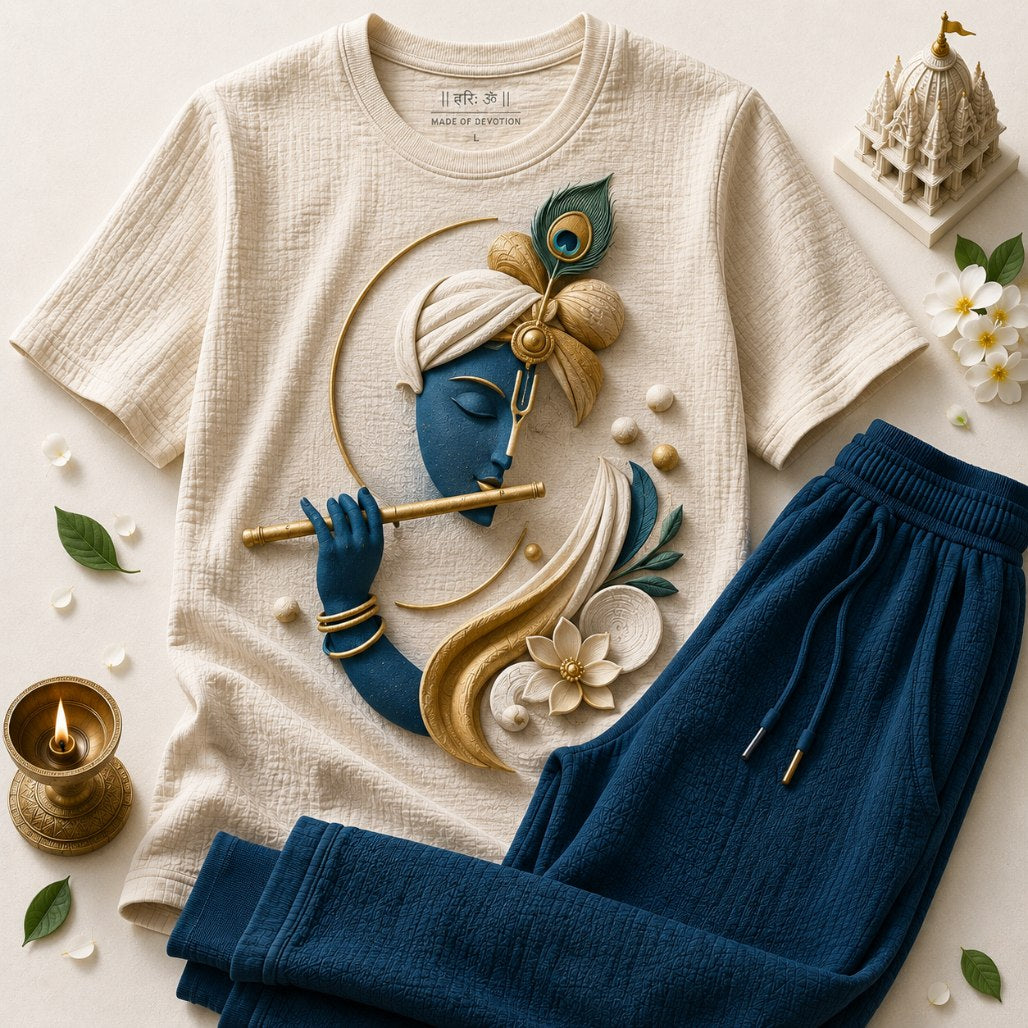 Lord Krishna Divine Portrait Ivory Beige T-Shirt with Royal Blue Trackpant Combo