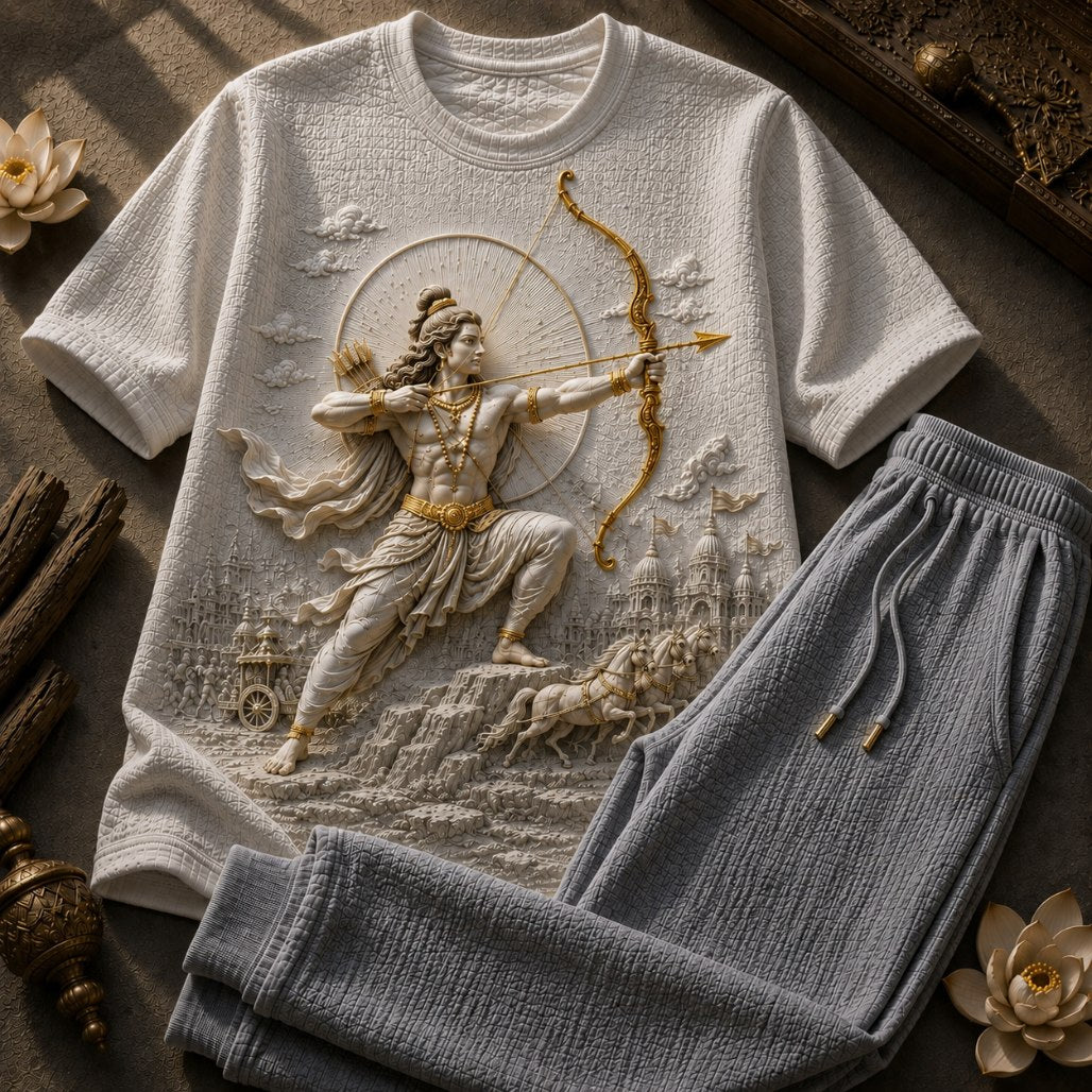 Lord Rama Archer Ivory White T-Shirt with Light Grey Trackpant Combo