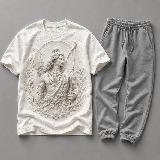 Lord Rama Divine Blessings White T-Shirt with Light Grey Trackpant Combo