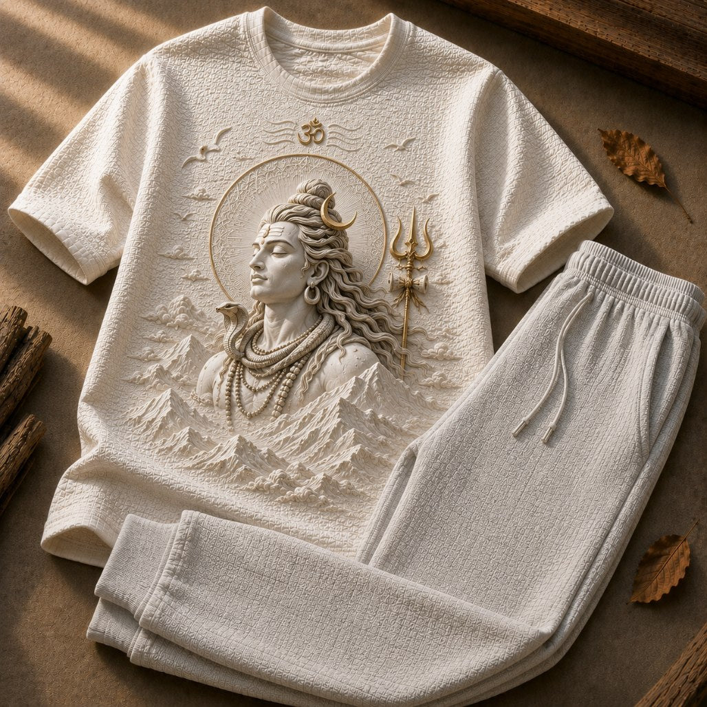 Lord Shiva Meditative Face White T-Shirt with Grey Trackpant Combo