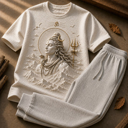 Lord Shiva Meditative Face White T-Shirt with Grey Trackpant Combo