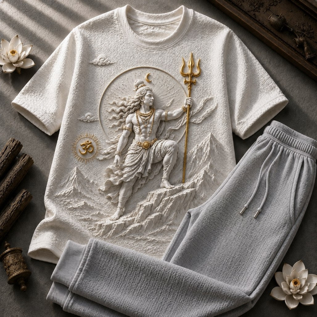 Lord Shiva Mystic Power White T-Shirt with Ash Grey Trackpant Combo