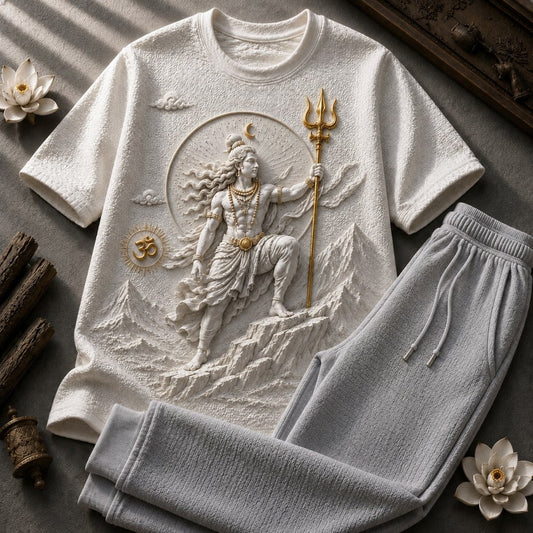 Lord Shiva Mystic Power White T-Shirt with Ash Grey Trackpant Combo