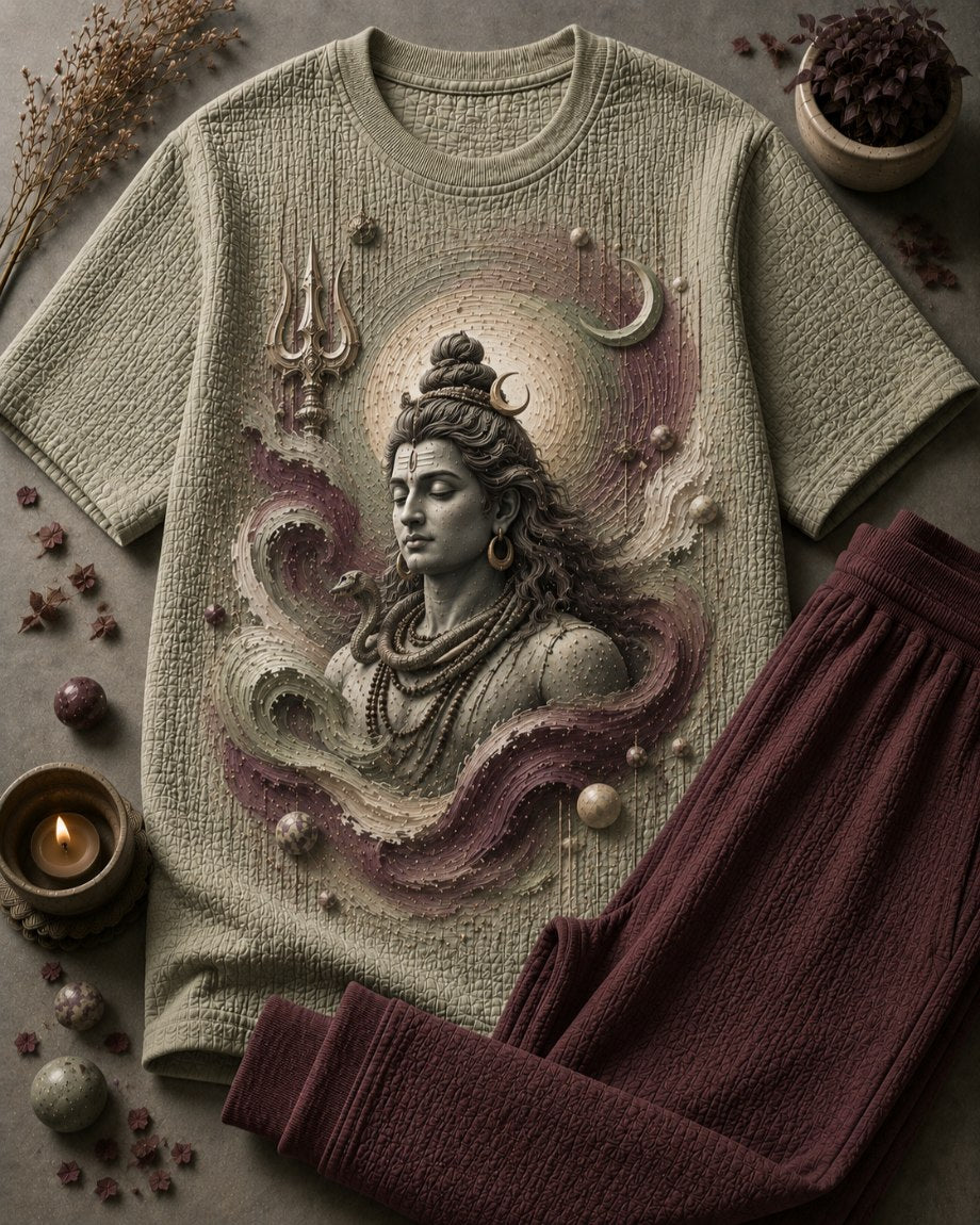 Lord Shiva Mystic Sage Olive Green T-Shirt with Maroon Trackpant Combo