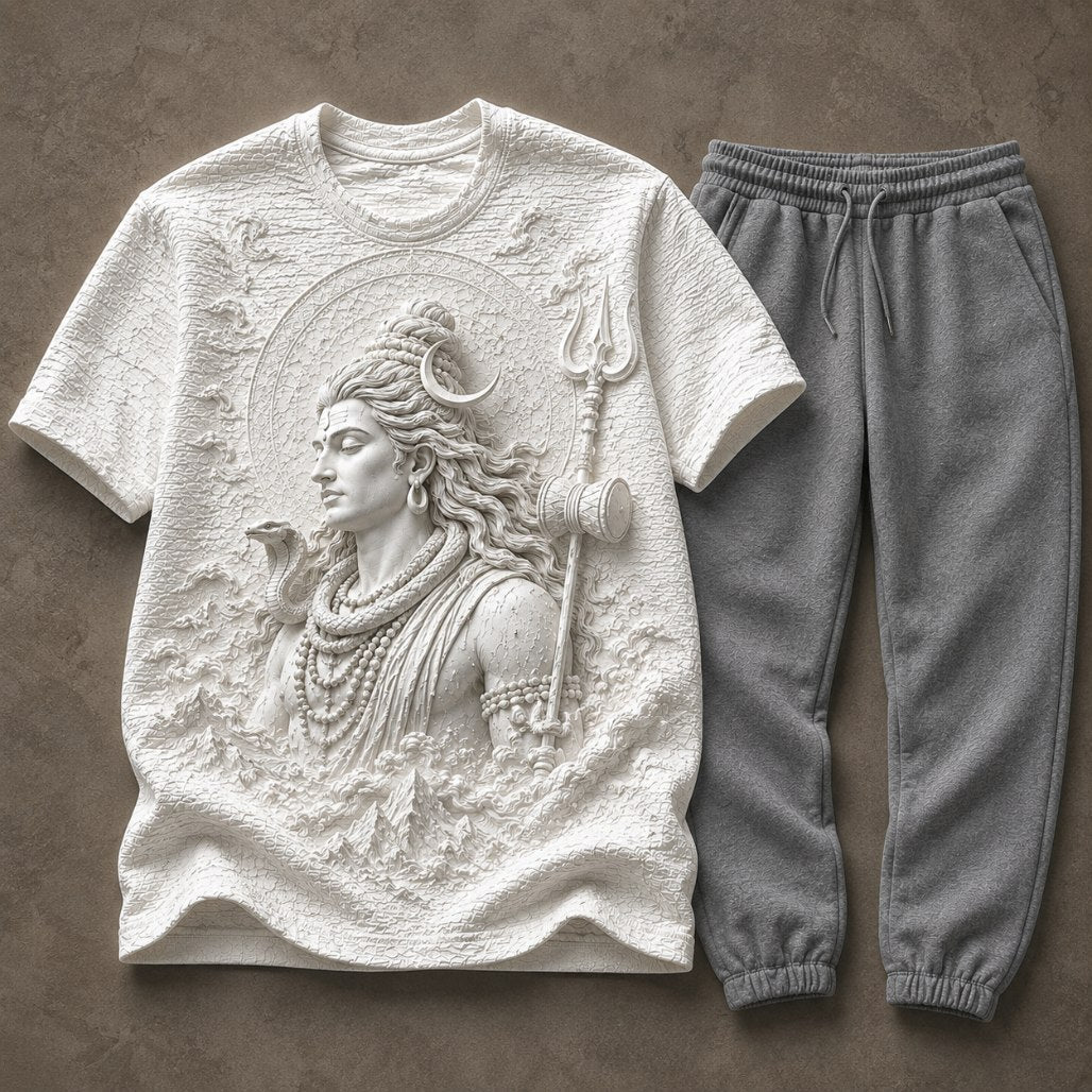 Lord Shiva Sacred Face White T-Shirt with Grey Trackpant Combo